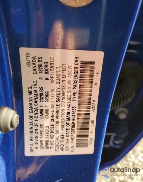 2019 Honda Civic Sport z USA, uszkodzony, nr VIN 2HGFC2F86KH547655